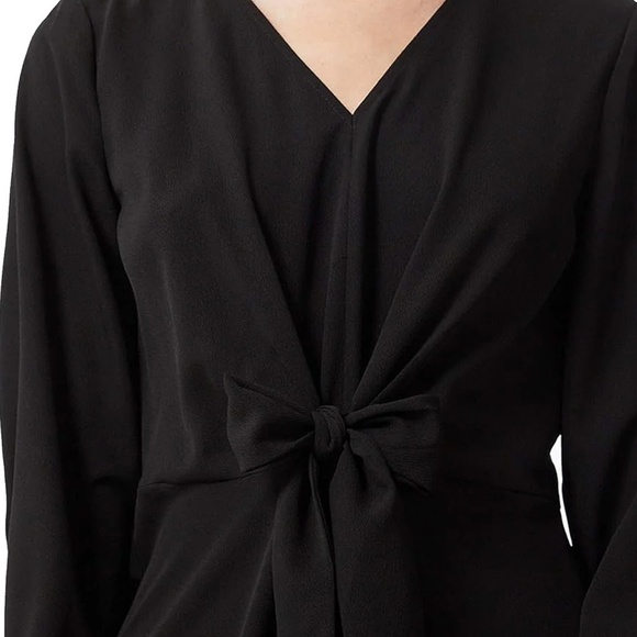 Vila Clothes Black Dress Fit & Flare Long Sleeve Bow Tie and Button Skirt Plunge - Picture 4 of 16